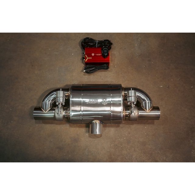 Valvetronic Design Exhaust Muffler UVM.76MM.TSTYLE.X1 T-Style; Single 3 Inch Inlet; Dual 3 Inch Outlet; 27 Inch Overall Length