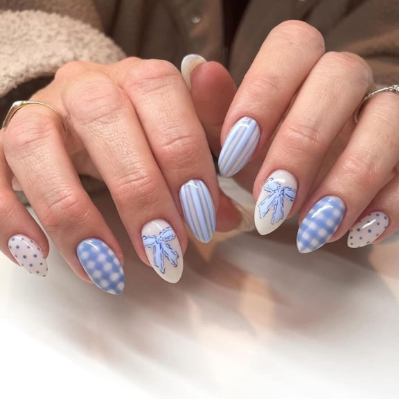 Cross-border simple and fresh ins style manicure wearing blue bow short almond nail checkerboard nail wholesale
