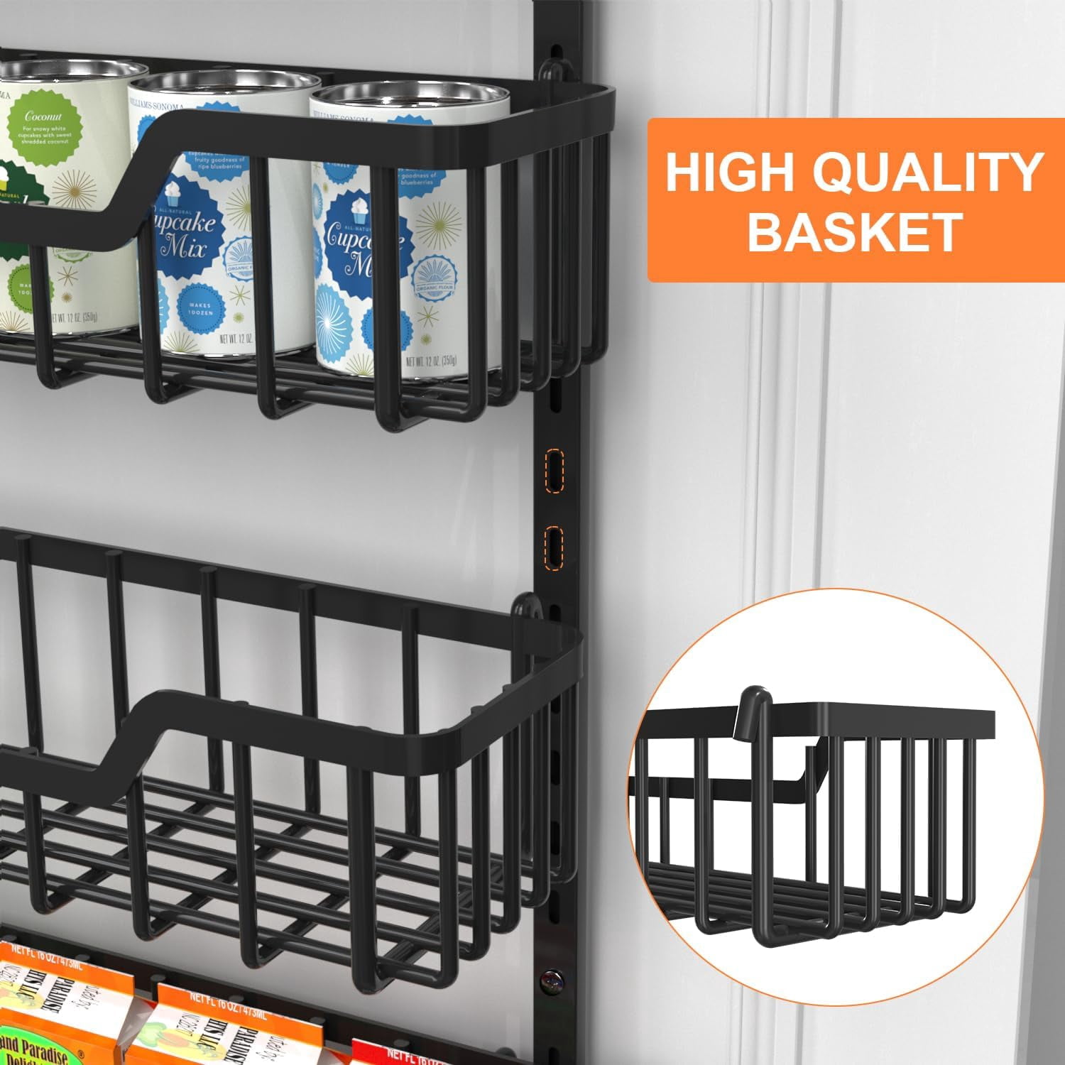 Over The Door Pantry Organizer, 8-Tier Shelves with Adjustable Baskets | Metal Spice Rack for Kitchen, Pantry, Cabinet