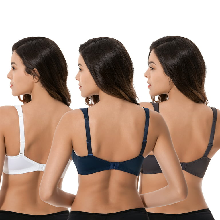 Curve Muse Plus Size Minimizer Unlined Wireless Bra with Lace  Embroidery-3Pack-White,Navy,Gray-46DD
