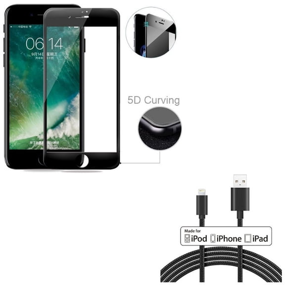 iPhone 8/7/6S/6 - 10ft MFi USB Cable w Tempered Glass Screen Protector - Certified Charger Cord Power Wire Braided, 5D Touch Curved Edge Full Cover Bubble Free Case Friendly for iPhone 8/7/6S/6