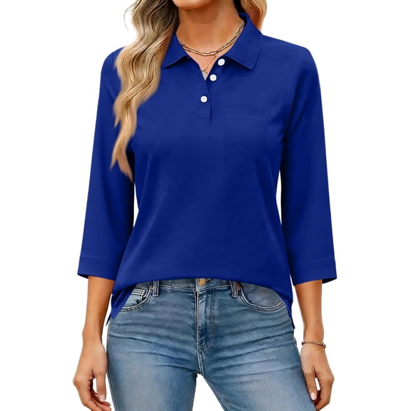 Women's Fashion Casual Lapel Short 3/4 Sleeve Color Shirt Women's Button Up Tops, Size S-3XL