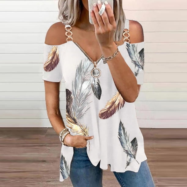 ICHUANYI Clearance Women Pirnt V-neck Short Sleeve Strapless T Shirt Polluver Blouse Tank Tops(Gray, L) ICHUANYI WER2023080802825