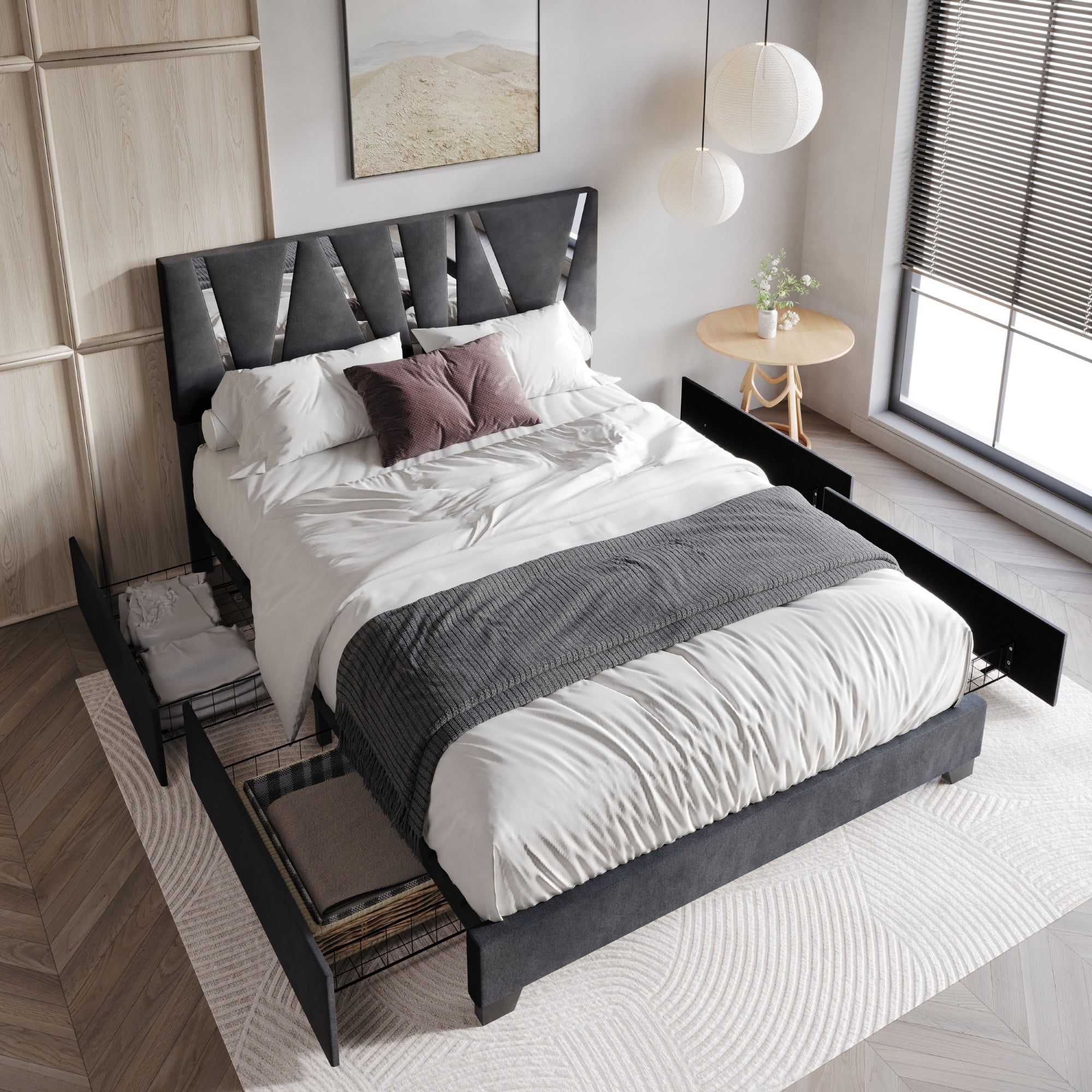 Home Design Hanover Queen Upholstered Storage Platform Bed Frame with Silver Acrylic Strip Headboard and Four Under-Drawers, Dark Gray, Easy Assembly