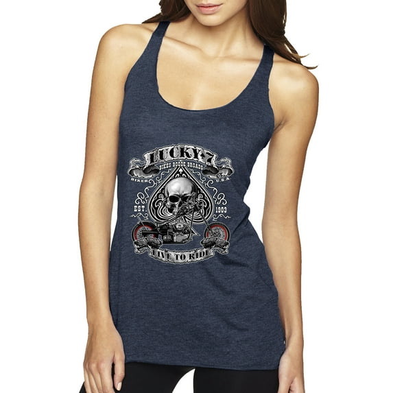 Lucky 7 Live to Ride Bikes Booze Broads USA Est 1903 | Womens Fashion Premium Tri-Blend Racerback Tank Top, Vintage Navy, X-Large