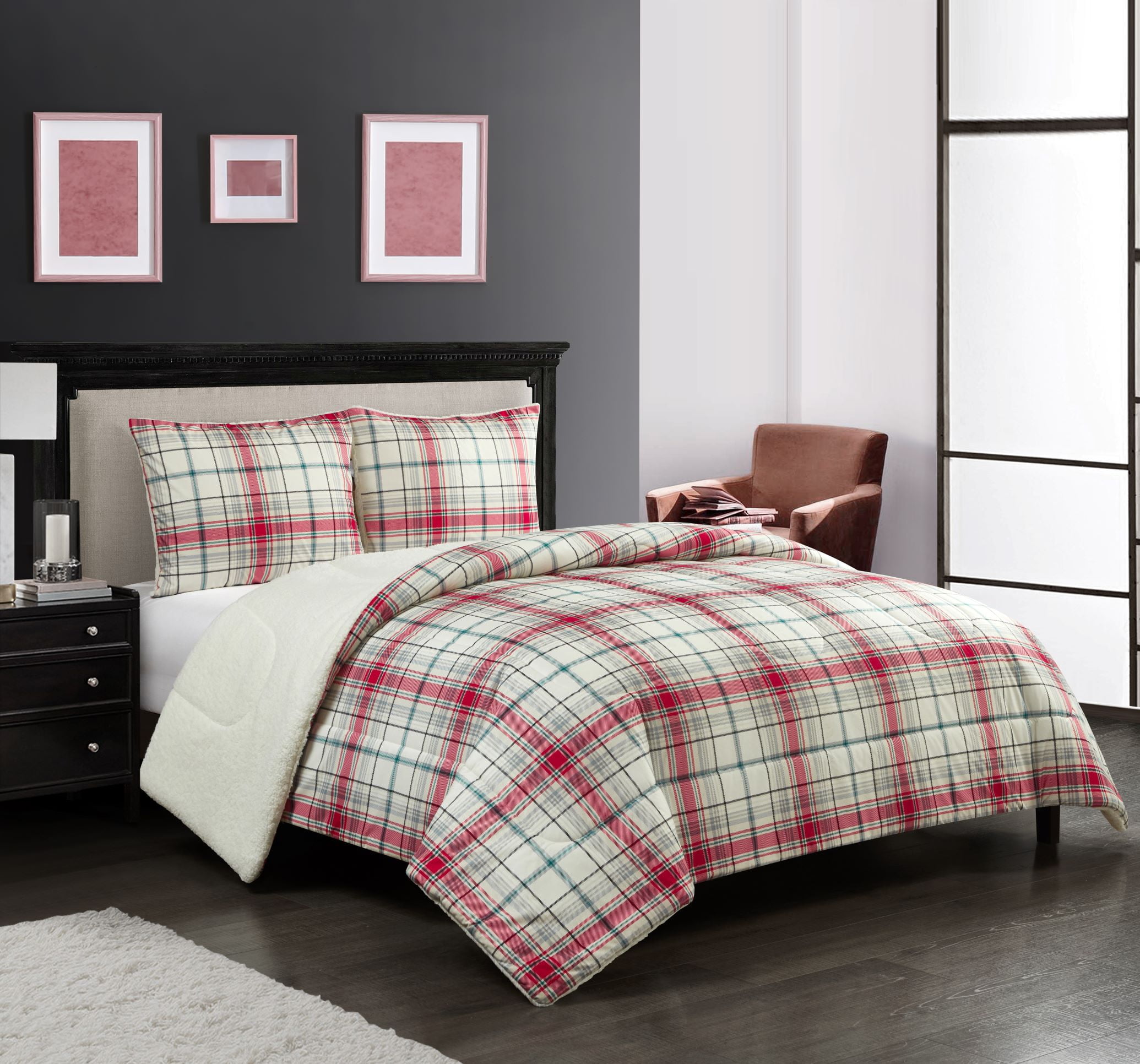 NEW ~ CLASSIC COZY BLACK GREY RED WHITE CABIN LODGE PLAID SOFT COMFORTER SET 