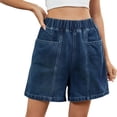 thumbnail image 2 of Women'S Denim Shorts, Elastic Wasit Mid Rise Loose Fit with 2 Front Pockets Deep Blue XXL, 2 of 9