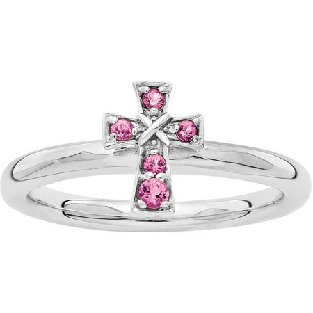 Stackable Expressions Pink Tourmaline Sterling Silver Rhodium Cross Ring
