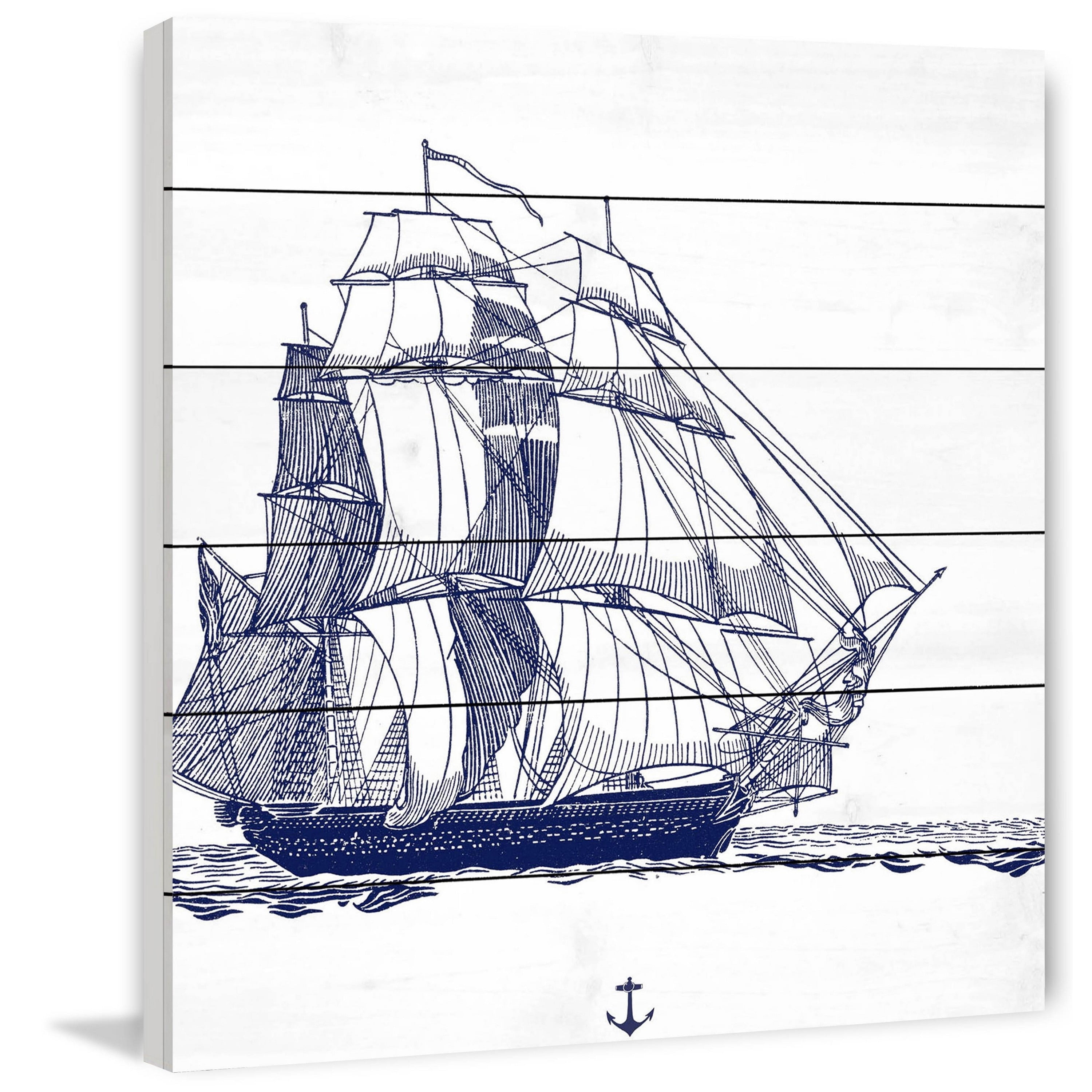 Marmont Hill "Blue Ship" Painting Print on White Wood