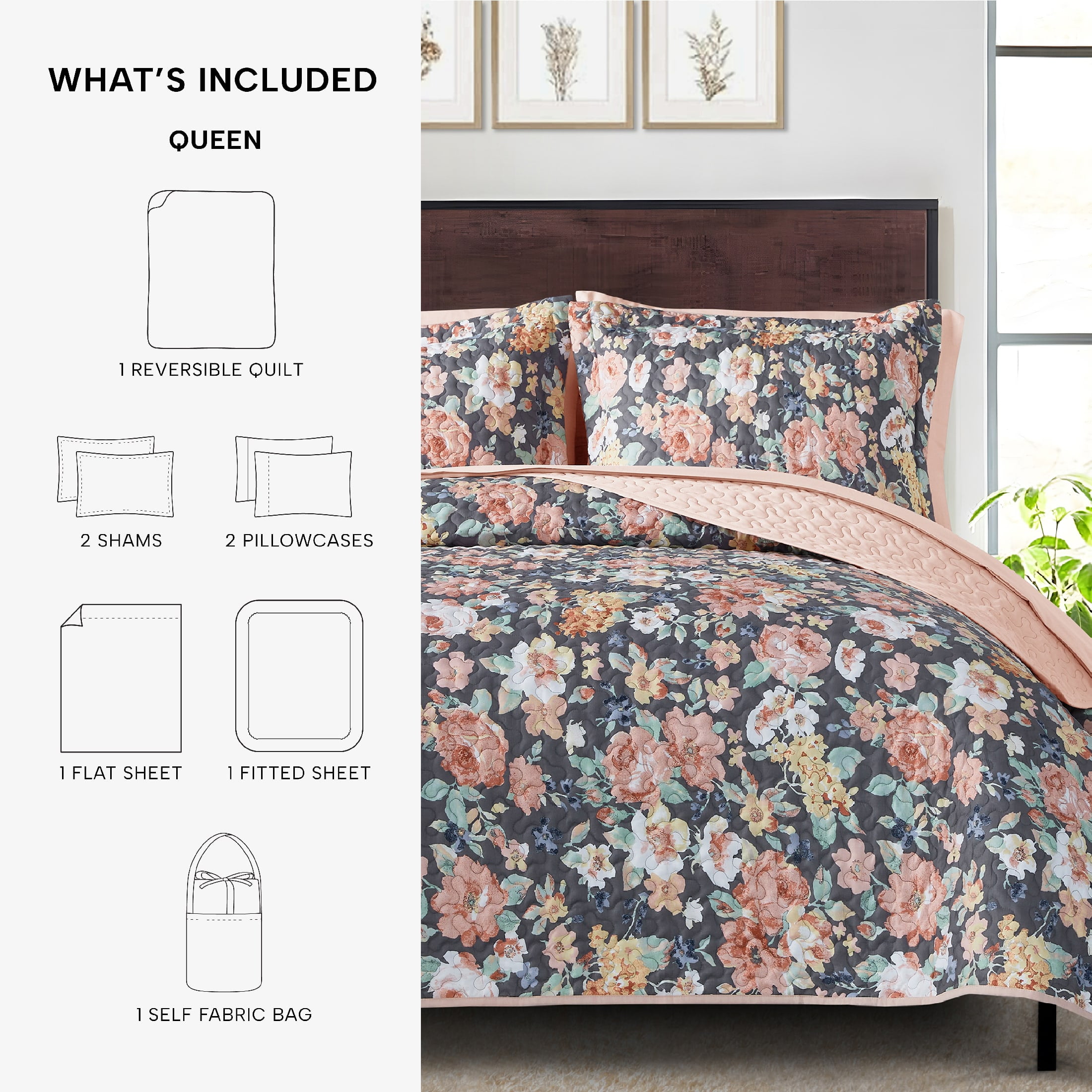 Mainstays All in One Lightweight Quilt Set and Sheet Set -7 Piece, Queen, Gray Floral