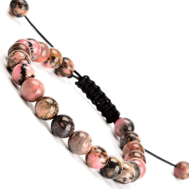 Natural Healing Power Gemstone Crystal Beads Unisex Adjustable Macrame Bracelets 8mm,Pink Black Rhodonite