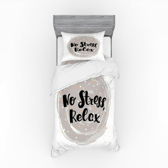 Ambesonne Saying Bedding Set 3 Pcs, No Stress Relax Lettering, Twin, Dark Brown Pale Grey