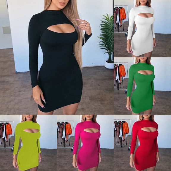 FRSASU Women's Cut Out Mini Dresses Bodycon Evening Party Club Dress Long Sleeve Hollow Out Corset Spring Trendy Dress Red