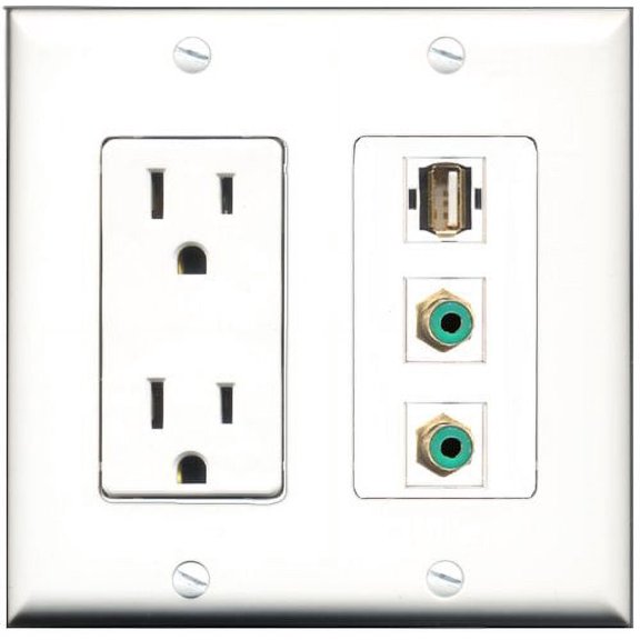 RiteAV - 15 Amp Power Outlet 2 Port RCA Green 1 Port USB A-A Decorative Wall Plate