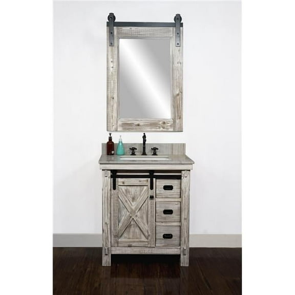 InFurniture WK8530-W-CS SQ TOP 30 in. Rustic Solid Fir Barn Door Style Single Sink Vanity in White Wash with Coastal Sands Marble Top with Rectangular Sink - No Faucet - 31 x 34.6 x 22 in.