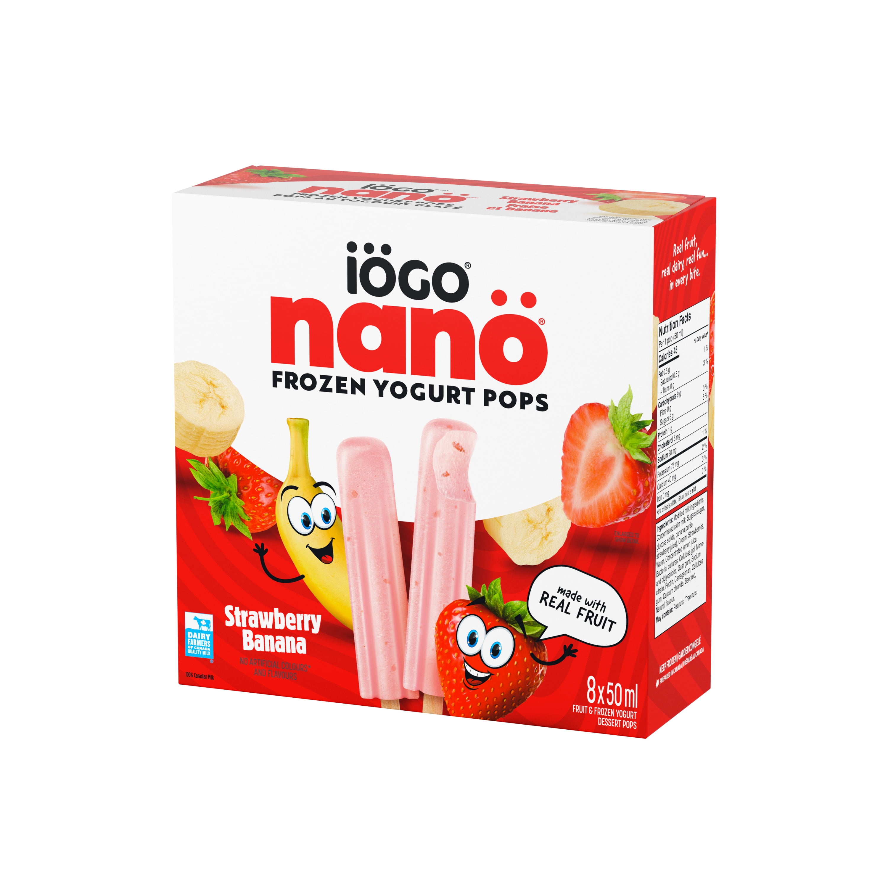 IÖGO Nano Frozen Yogurt Pops, Strawberry Banana, Real Fruit, 45 Calories Per Pop, 8 x 50 ml
