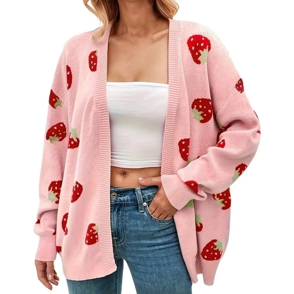 Wang6 Womens Lightweight Cardigan Sweaters Plus Size Fall Winter Long Sleeve Knits Trendy Open Front Loose Strawberry Knitted Outwear Coats Red XL