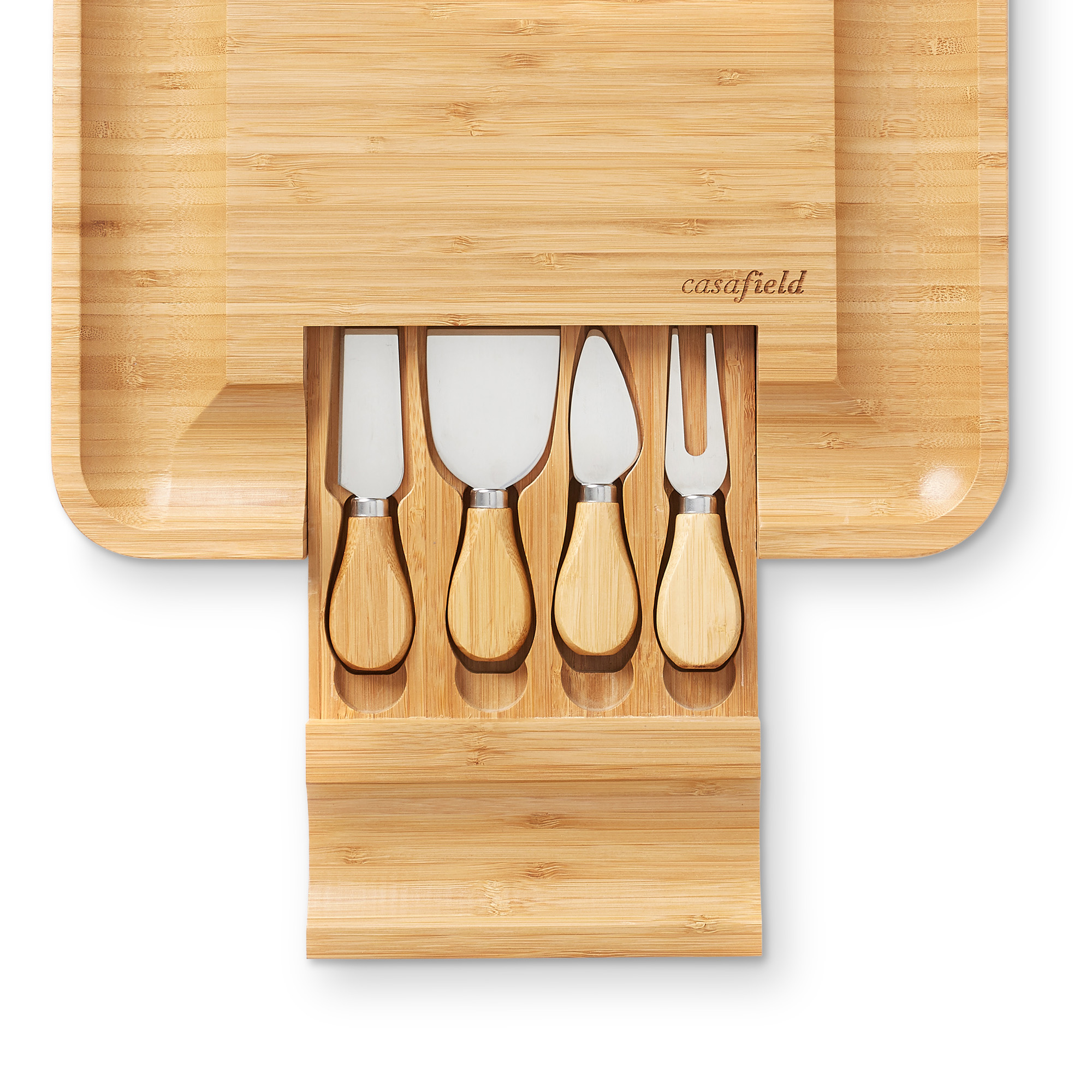Casafield Organic Bamboo Cheese Cutting Board & Knife Gift Set - Wooden Serving Tray for Charcuterie Meat Platter, Fruit & Crackers - Slide Out Drawer with 4 Stainless Steel Knives - image 4 of 7