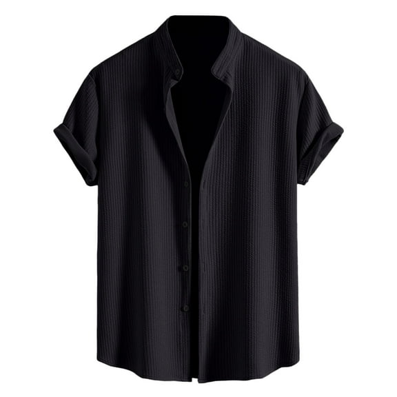 Hpapadks Mens Shirts Solid Color Short Sleeve Lapel Button Down Tops Lightweight Soft Loose Mens Dress Shirts Black L