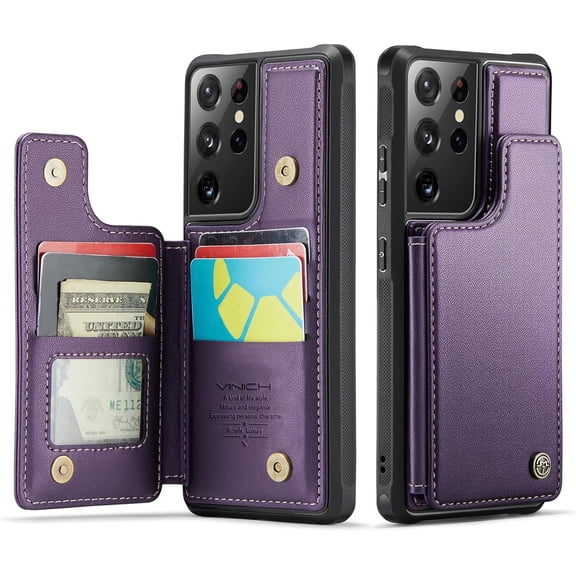 for Samsung Galaxy S21 Ultra Wallet Case with Card Holder, RFID Blocking Credit Slots Kickstand Shockproof Phone Cover for Women Men, Purple