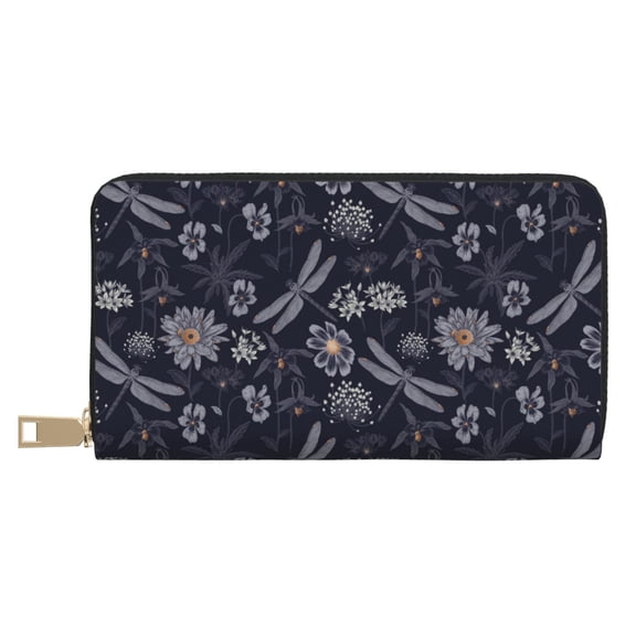 Leather Thin Slim Wallets for Women Men - Wildflowers And Dragonflies Clutch Card Wallet for Women Men with Zipper