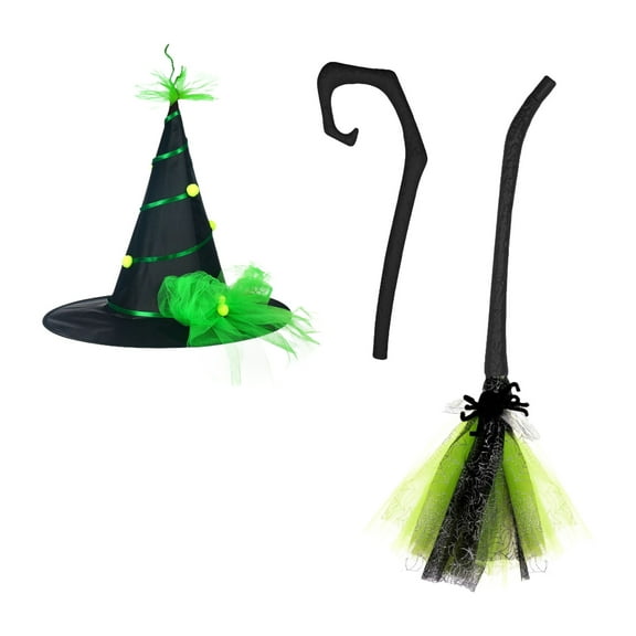 Tuscom Halloween Witch with Flying Broomstick Prop, Detachable Witch Hat and Broom Set for Party Decor, Costume Accessories, and Spooky Displays