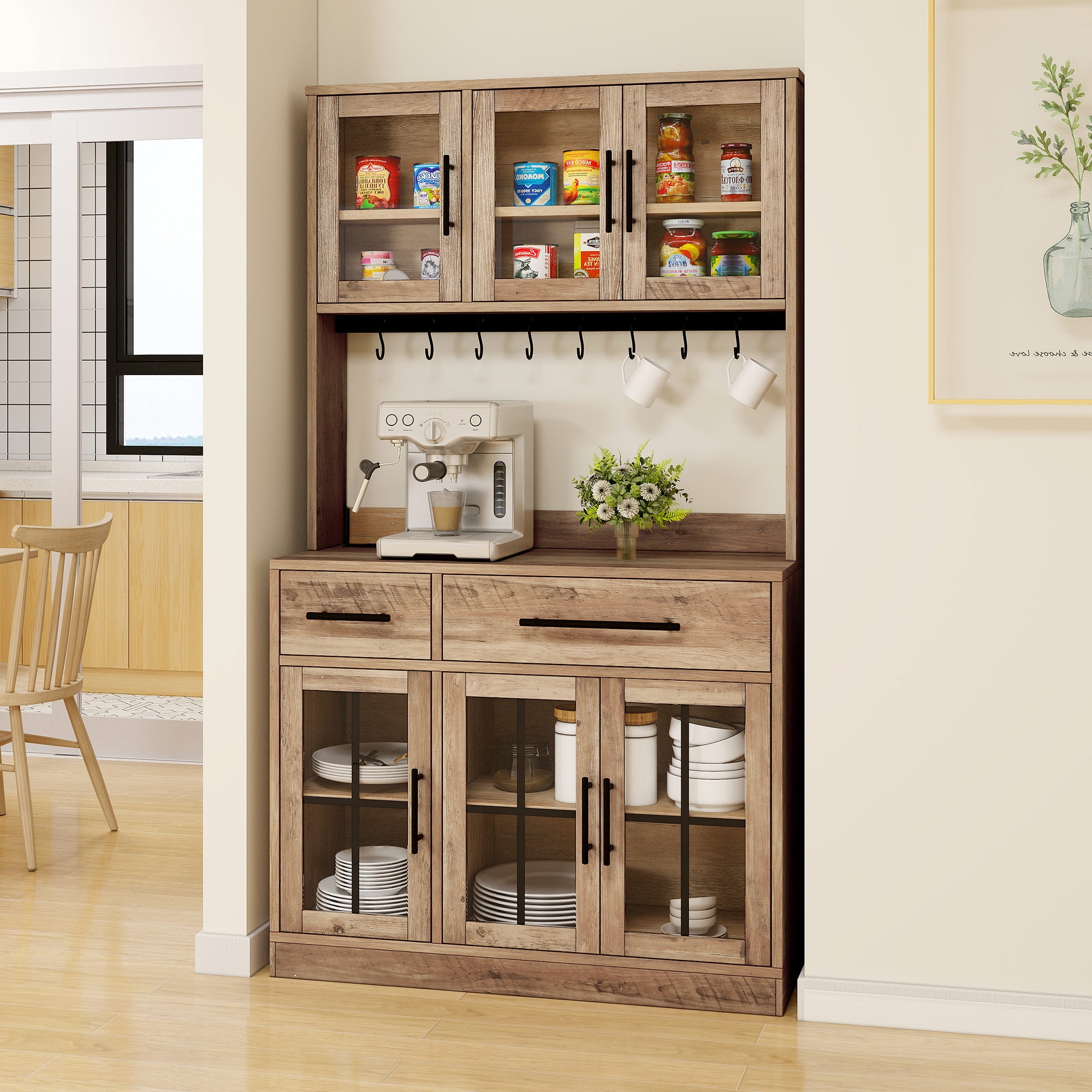 DEXTRUS 71-Inch Tall Kitchen Pantry Cabinet with Power Outlet, Freestanding Hutch with Microwave Stand and Drawers, Brown