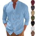 thumbnail image 2 of IYTR Mens Double Breasted Cotton Linen Long Sleeve Shirts Stand-up Collar Loose Vacation Casual Blouses (Wine,XL), 2 of 9