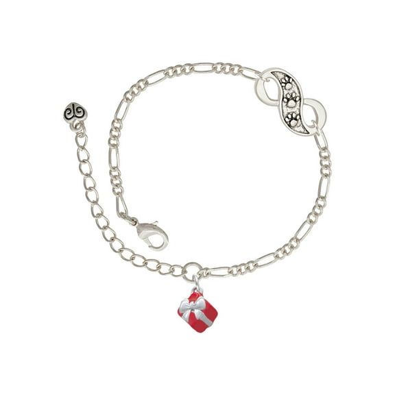 Delight Jewelry Silvertone Small 3-D Red Present Box with Bow Silver-tone Paw Infinity Link Chain Bracelet, 6" 2" Extender