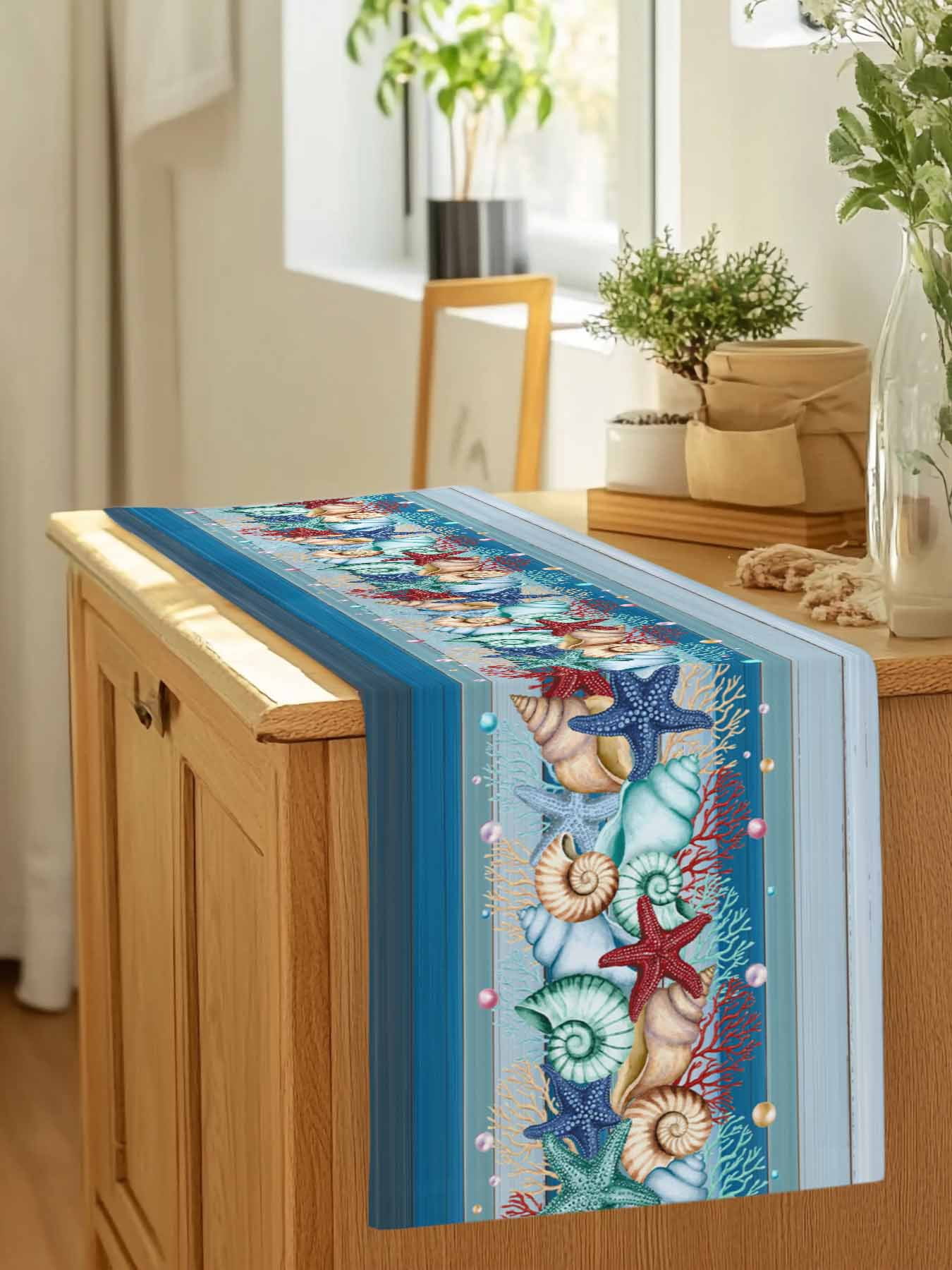 Watercolor Marine Life Starfish Table Runner 90 Inches Long, Blue Wood Grain Table Runners Tabletop Scarf Kitchen Dining Tables Decoration for Home Party Indoor Outdoor