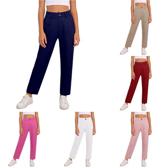 CUZIBR Girls Pants Kids Dress Pants Stretchy Straight Leg Pants With Pockets Soft Solid Color High Waisted Trousers School Uniform Fashionable Summer Fall Casual Dailywear Bottoms ,Navy,13-14 Years