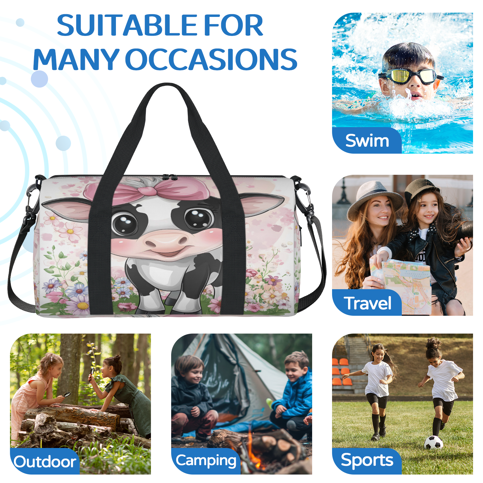 Herdesigns Cute Gym Bag for Women, Cow Duffle Bag for Travel Sport, Lightweight Waterproof Carry on Weekender Overnight Dance Yoga Workout Bags
