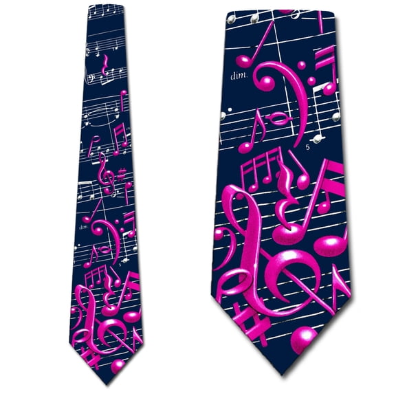 Musical Notes and Staff - Pink on Navy Necktie Mens Tie by Three Rooker