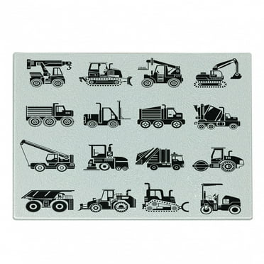 Cartoon Cutting Board, Heavy Machinery and Vehicles of Construction Mining Site Drawn in Black on White, Decorative Tempered Glass Cutting and Serving Board, Small Size, White Black, by Ambesonne
