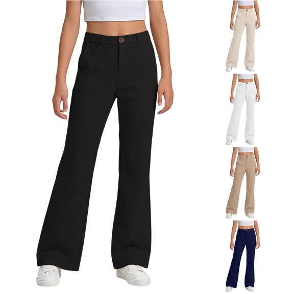HCYSFG Girls Back To School Uniform Pants High Waisted Flare Leg Button Front Full Length Preppy Dress Slacks Classroom Bottoms
