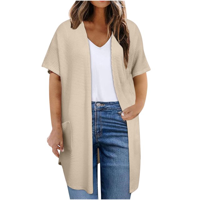 SHTXOZHI Cardigans pour Femmes à Manches Courtes, Cardigan Ouvert à l'Avant, Veste Décontractée avec Poches