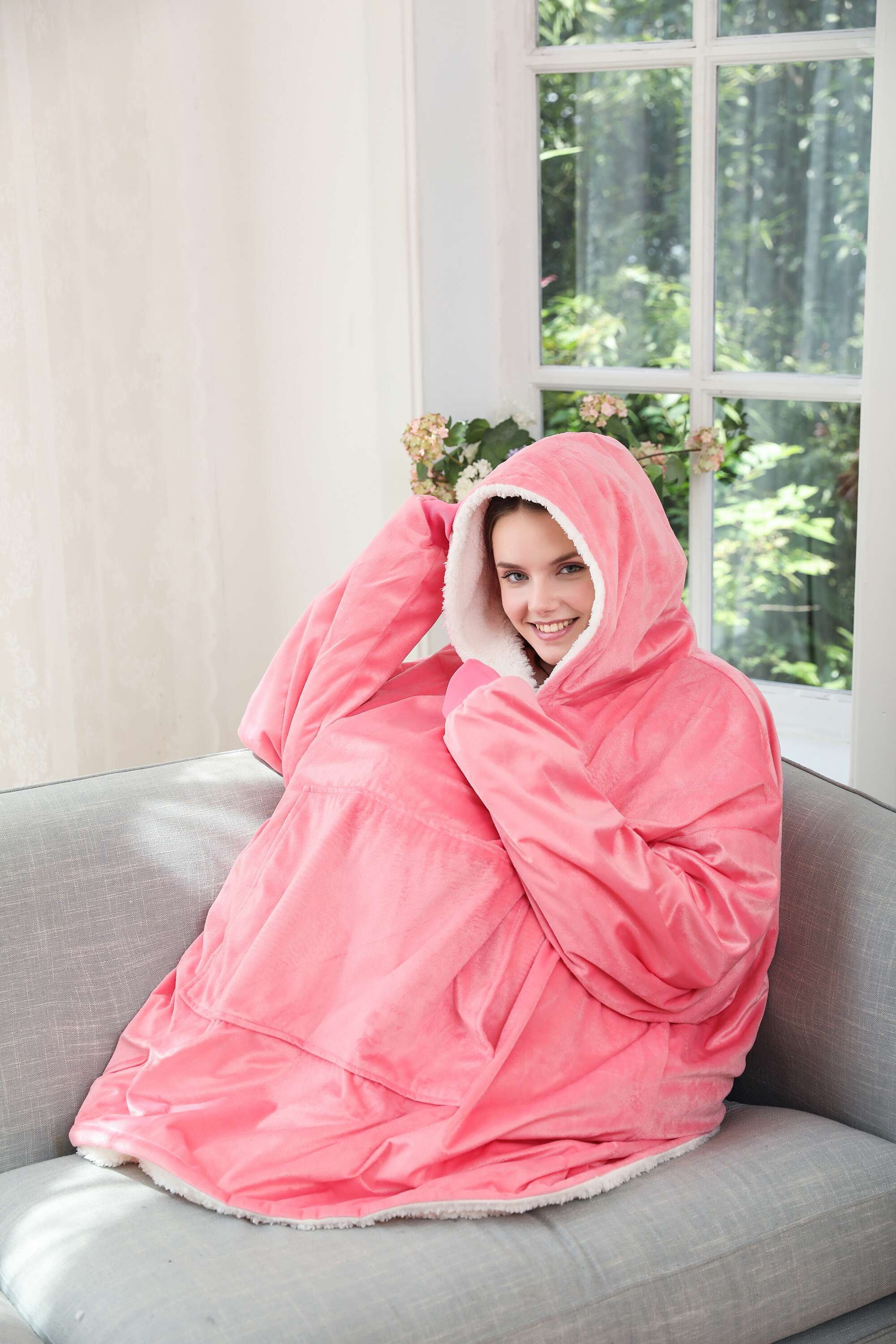 Teen Pink Hoody for Men Women Reafort Ultra Soft One Size Fit All Micromink Reverse to Sherpa Sweatshirt Blanket