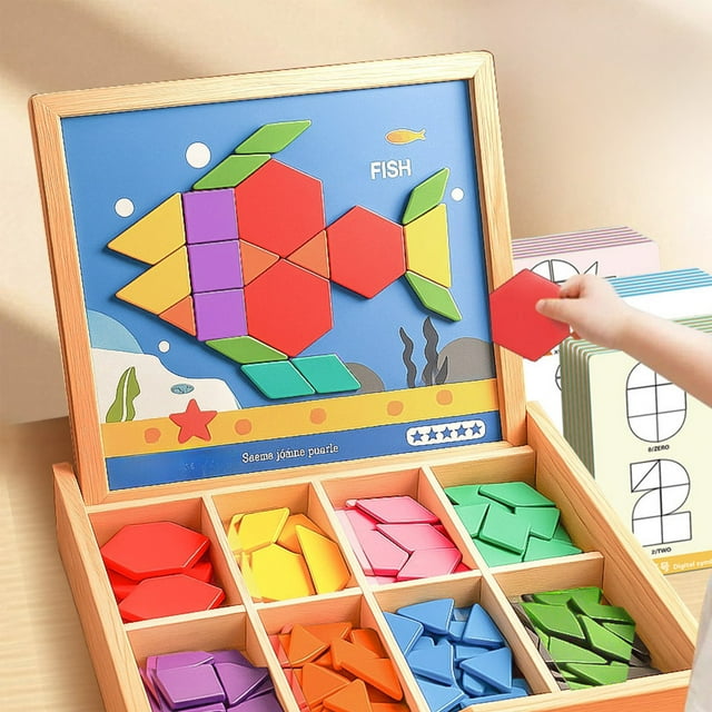 Tangram magnético para niños de 3 a 6 años | Bloques de construcción geométricos de madera con caja de almacenamiento | Juguete educativo STEM para aprendizaje temprano, reconocimiento de formas