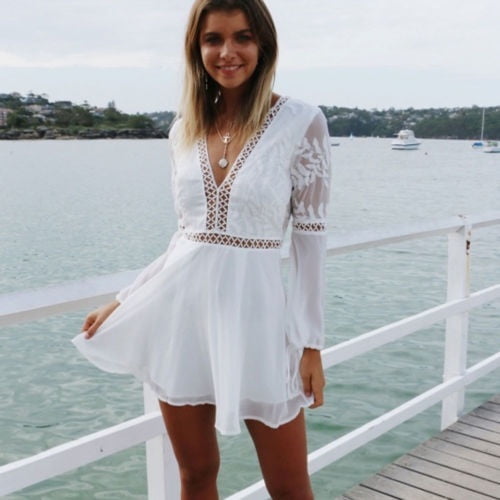 Sleeve Lace Trim Short Mini Dress 