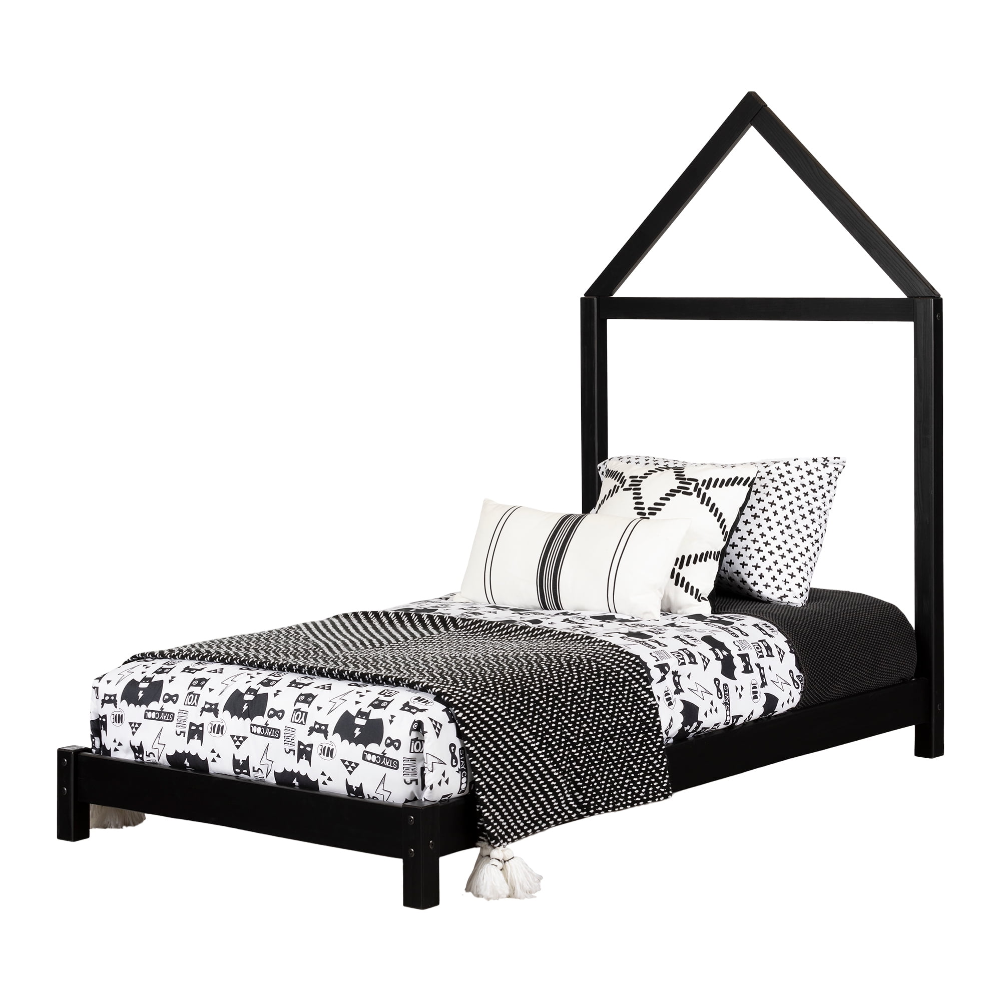 South Shore Sweedi Bed with House Frame Headboard, Matte Black