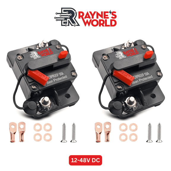 Rayne's World 50 Amp 12V-48V DC Waterproof Circuit Breaker with Connection Kit - Car Stereo, RV, Solar Power, Marine, Trolling Motor - 2 Pack
