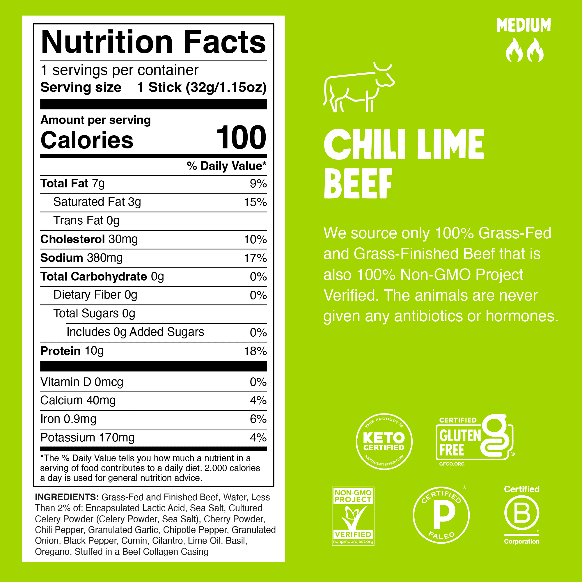Chomps Grass-Fed And Finished Chili Lime Beef Snack Sticks (8 Count)