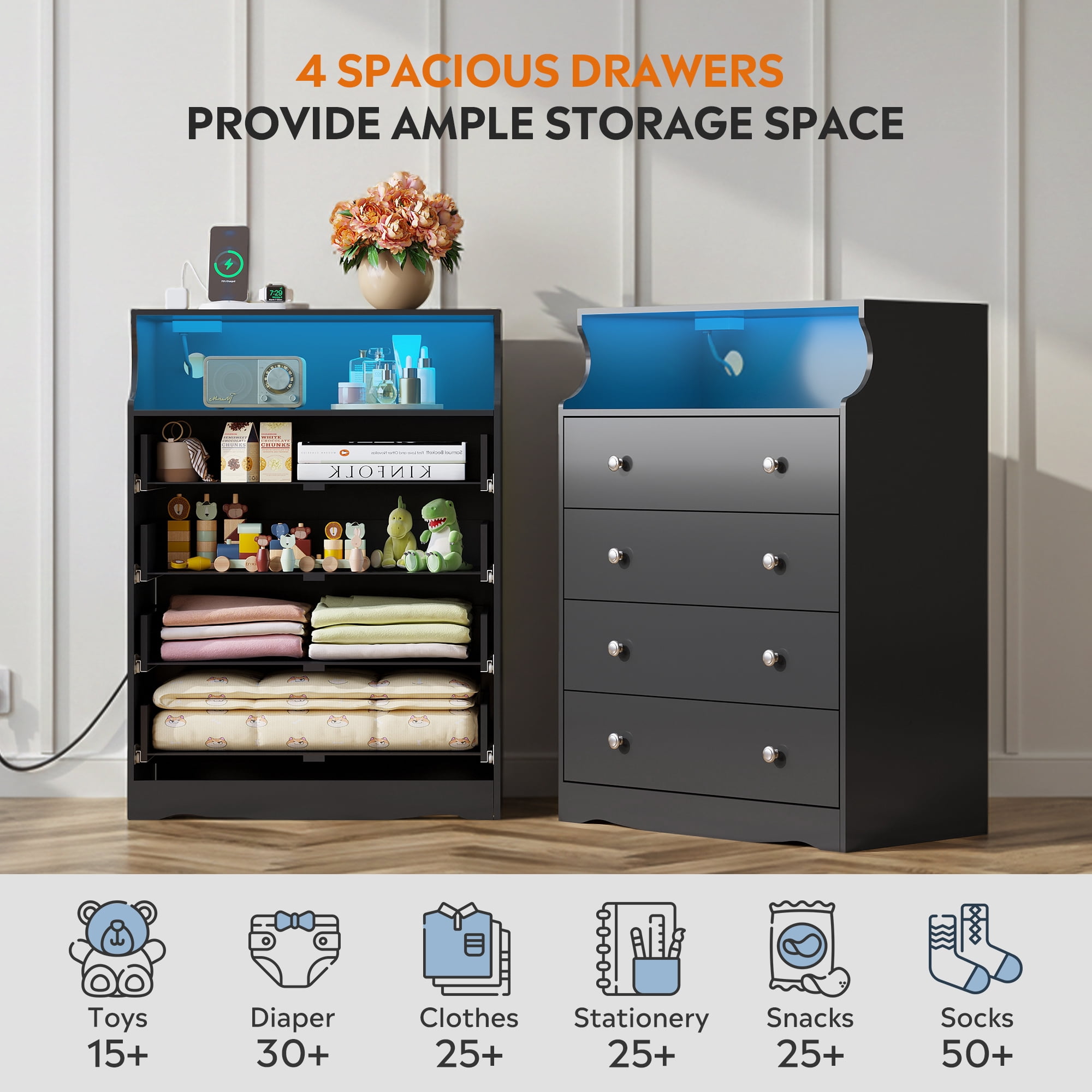 GALAXHERO 4 Drawers Dresser for Bedroom, Tall Black Dressers with  LED Open Shelf, Modern Chest of Drawers with Charging Station, Wood Closet Clothes Organizer Storage Cabinet