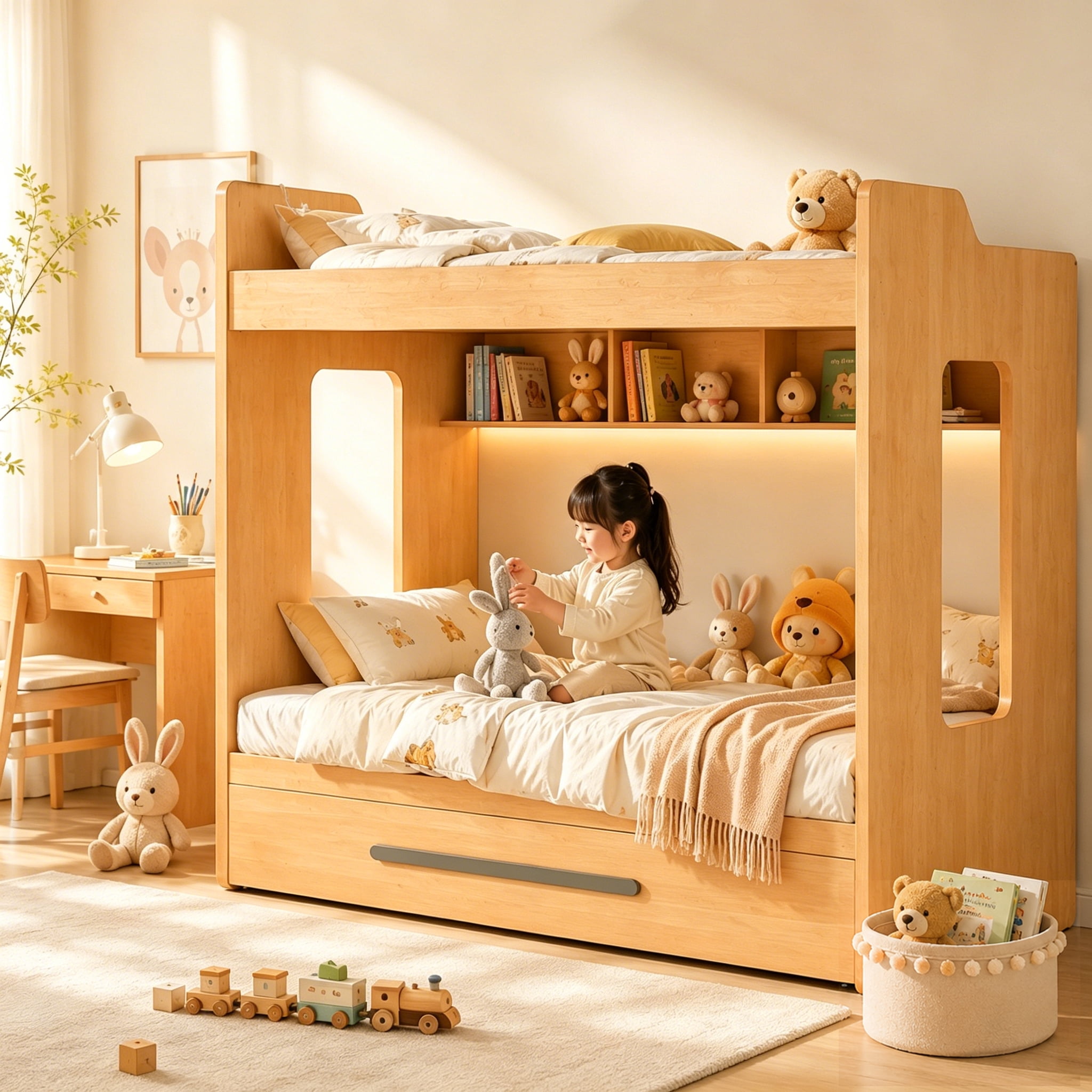 Twin Over Twin Bunk Bed with Storage Drawer, Space Saving Kids Bunk Bed with Wood Frame, Sturdy Bedroom Furniture for Children, Teens and Shared Rooms