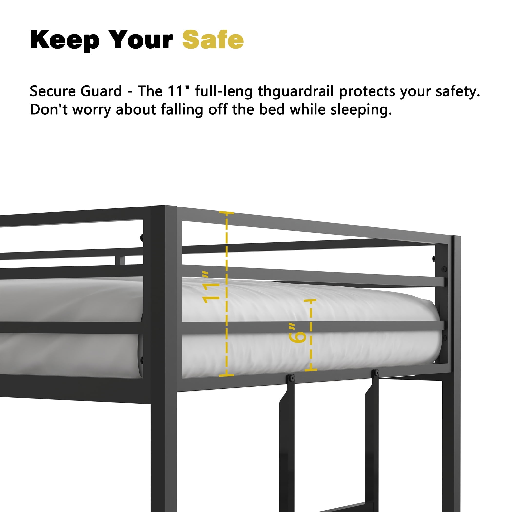 Miniyam Modern Metal Twin Size Loft Bed with Shelf for Kids and Teens, Black