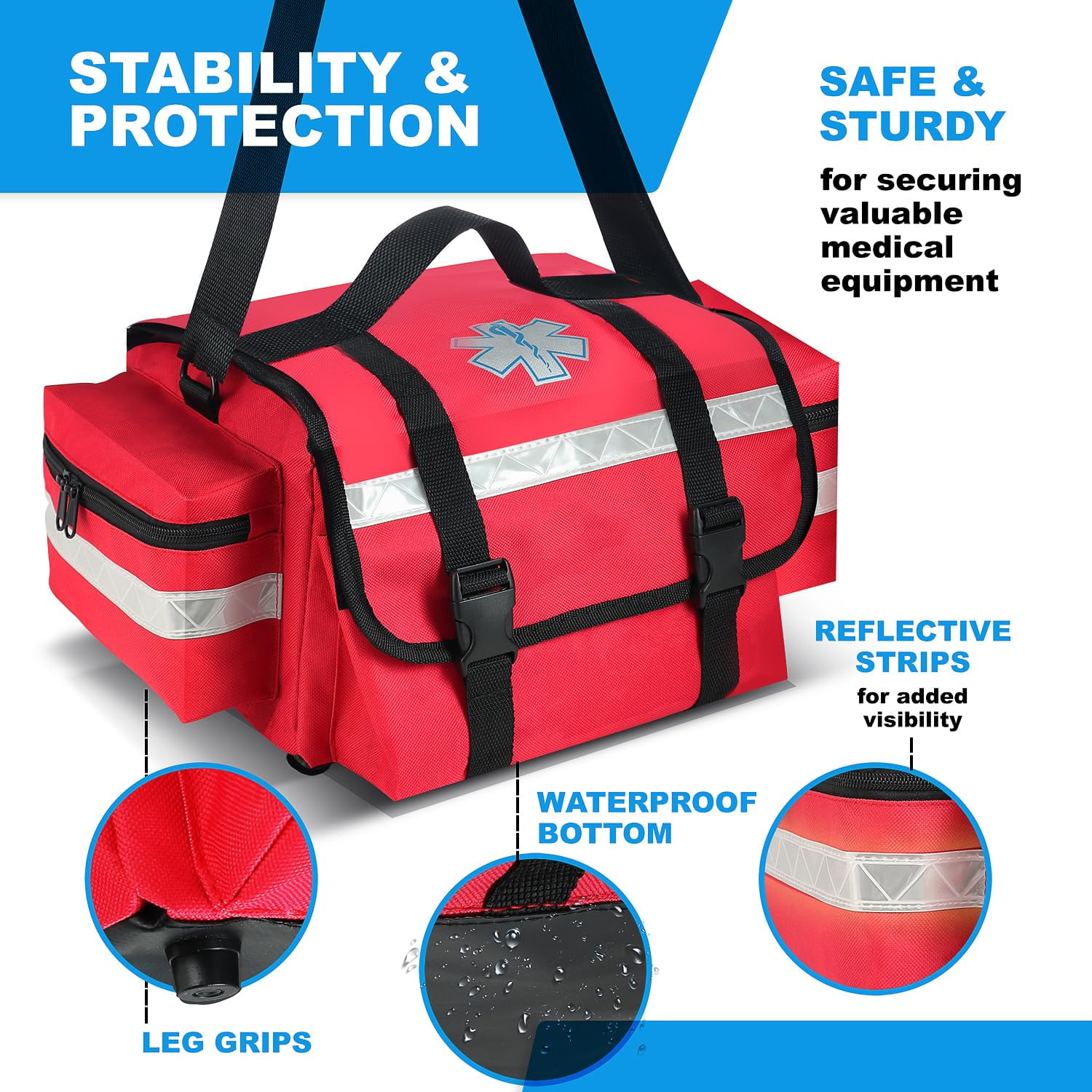 Primacare KB-RO75-RD EMT Trauma Bag – Fully Stocked First Aid Kit, Red with Reflective Strips, 17" x 9" x 7"