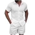 thumbnail image 2 of Sets for Men Clothing 2 Piece Solid Color Jacquard Short Sleeve Button Collar Top and Drawstring Waist Shorts, Elevated Weekend Set White L, 2 of 8