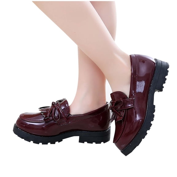 Gpaecead Girls British Style Bow Tassel Loafers Patent Leather Rubber Soft Sole Slip On Casual Shoes For School Daily, B-Red