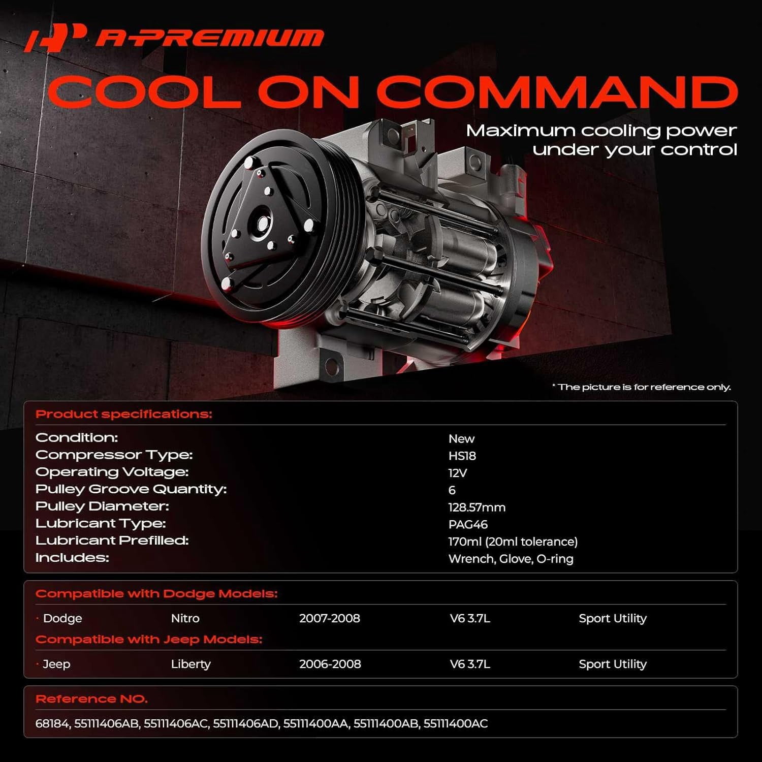 A-Premium AC Compressor with Clutch Compatible with Dodge Nitro 2007-2008 Jeep Liberty 2006-2008 V6 3.7L Sport Utility