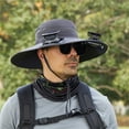 thumbnail image 2 of Solar Fan Outdoor Fishing Hat - Wide Brim Men's Sun Hat with 3-Speed Adjustable Fan, USB/Solar Dual Charging Water-Repellent Breathable Hat for Fishing/Gardening/Travel(Dark Gray), 2 of 3